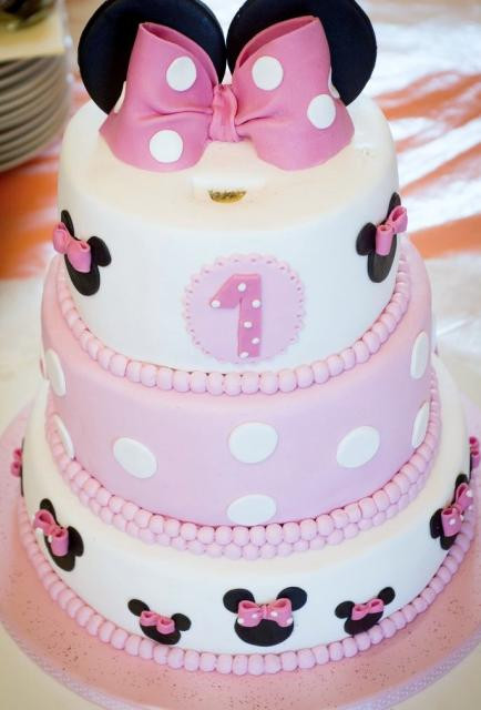 Minnie Mouse First Birthday Cake
 Minnie Mouse Theme First Birthday Cake in 3 Tiers with