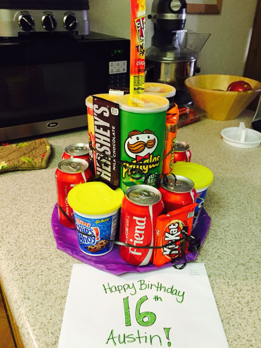 12 Year Old Boy Birthday Party Ideas
 Pringles soda candy junk "cake" 16 year old boy birthday
