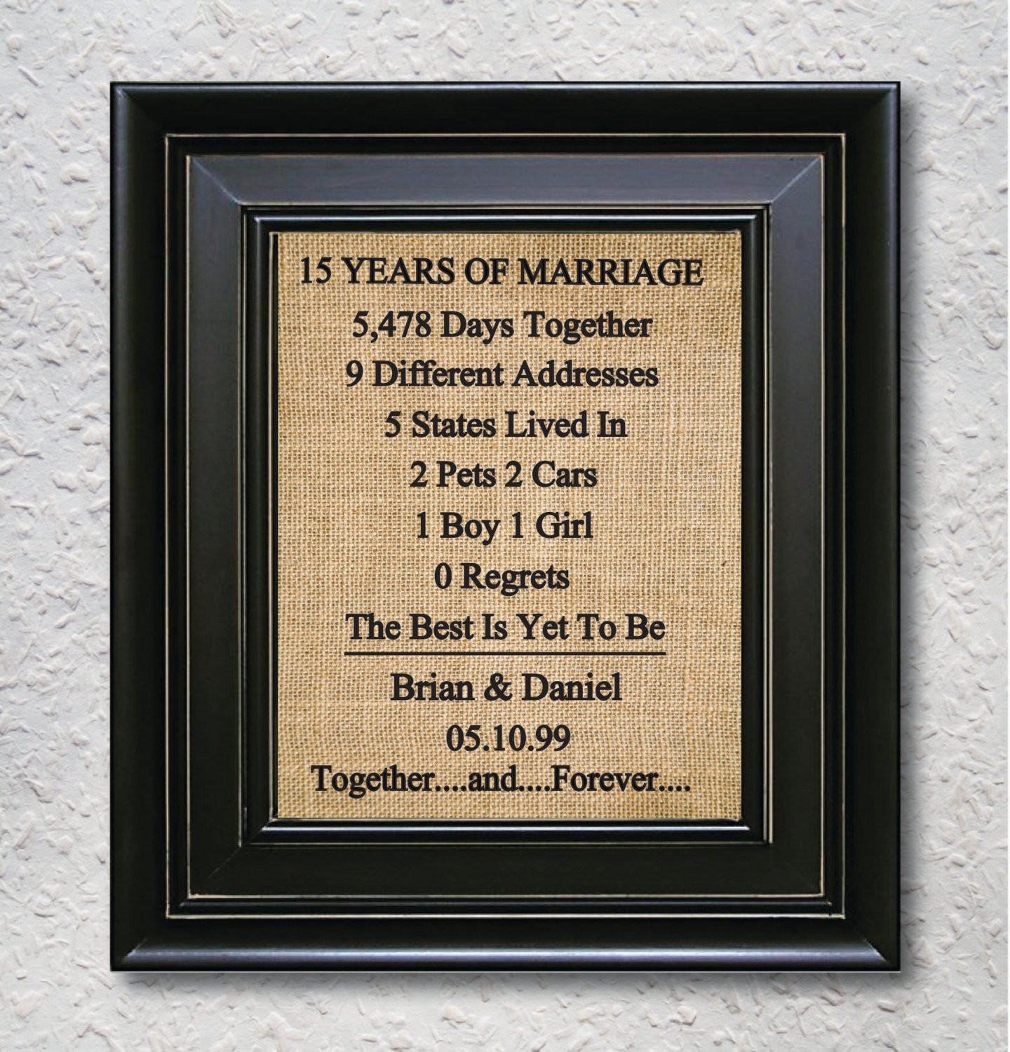 15 Year Wedding Anniversary Gift Ideas
 Burlap Art Print 15th Anniversary t 15 Year Anniversary