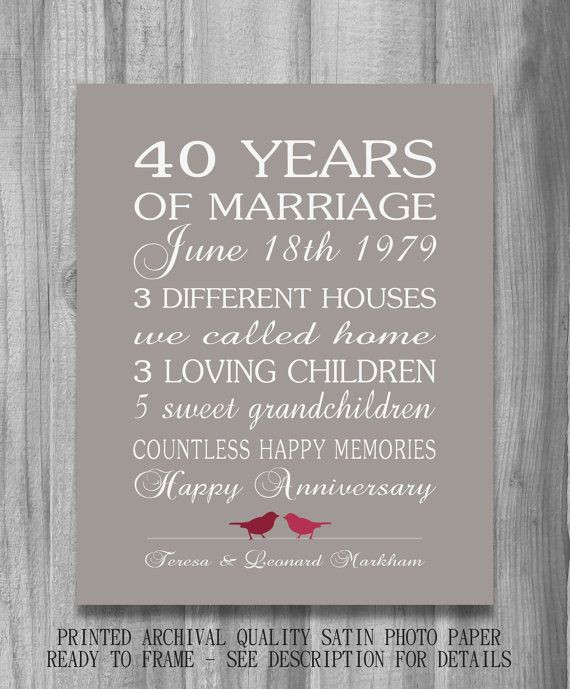 40 Year Anniversary Gift Ideas
 4Oth Wedding Anniversary Gift RUBY Personalized Birds