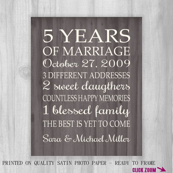 5 Year Anniversary Gift Ideas
 5th Anniversary Gift Print FAUX Wood 5 Years 10 15 20