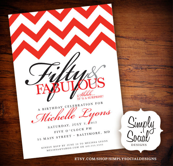 50th Birthday Invitations For Her
 Surprise 50th Birthday Party Invitation with Chevron