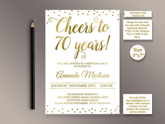 Best ideas about 70 Birthday Invitations
. Save or Pin EDITABLE 70th Birthday party Invitation template Cheers to 70 Now.