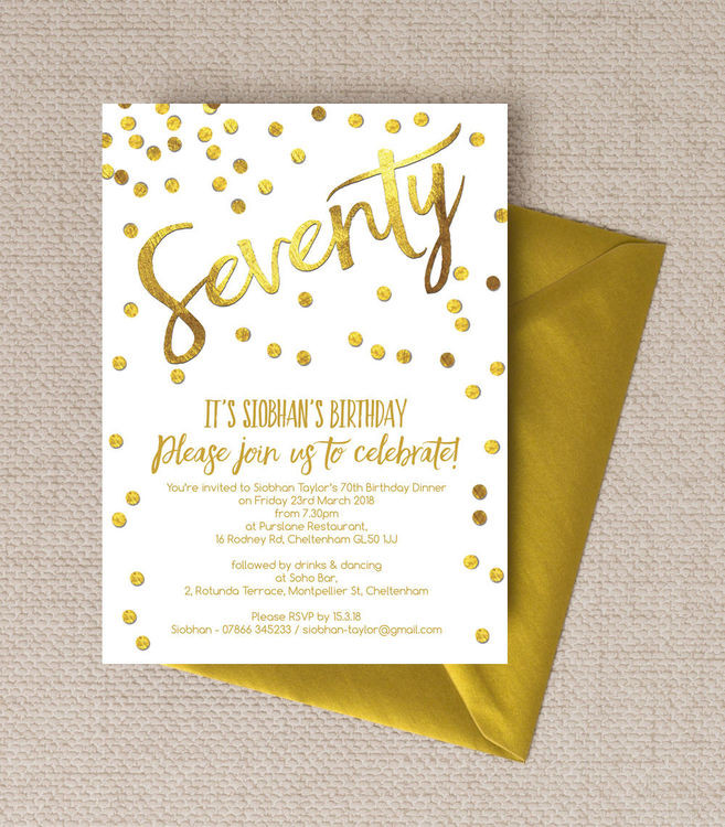 70th Birthday Party Invitations
 Gold Calligraphy & Confetti 70th Birthday Party Invitation