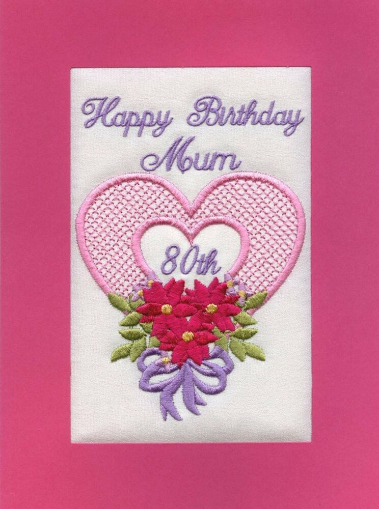 80th Birthday Card
 Embroidered Personalised Mum 80th Birthday Greeting Cards