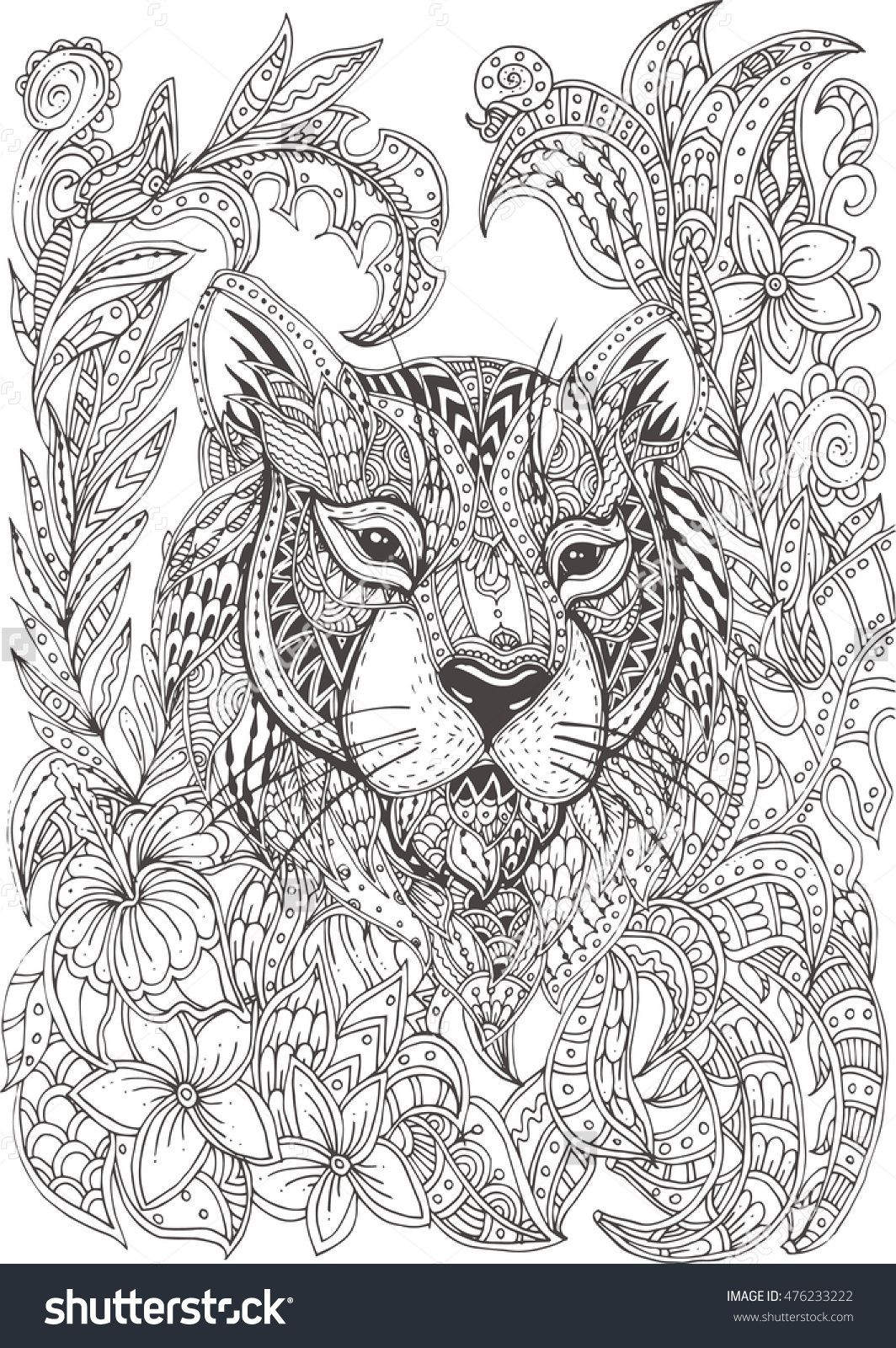 Adult Coloring Pages Animal Patterns
 Hand drawn tiger with ethnic floral doodle pattern