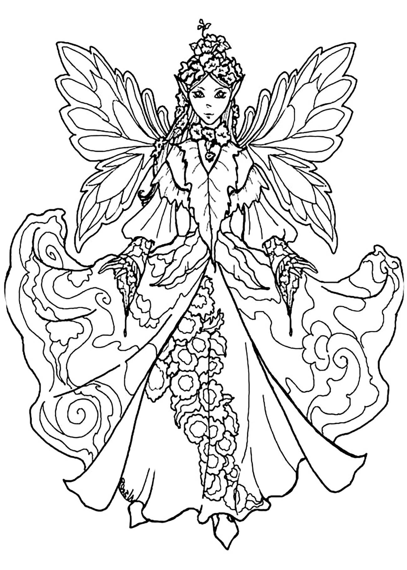 Adult Fairy Coloring Pages
 Fairy with impressive dress Myths & legends Adult