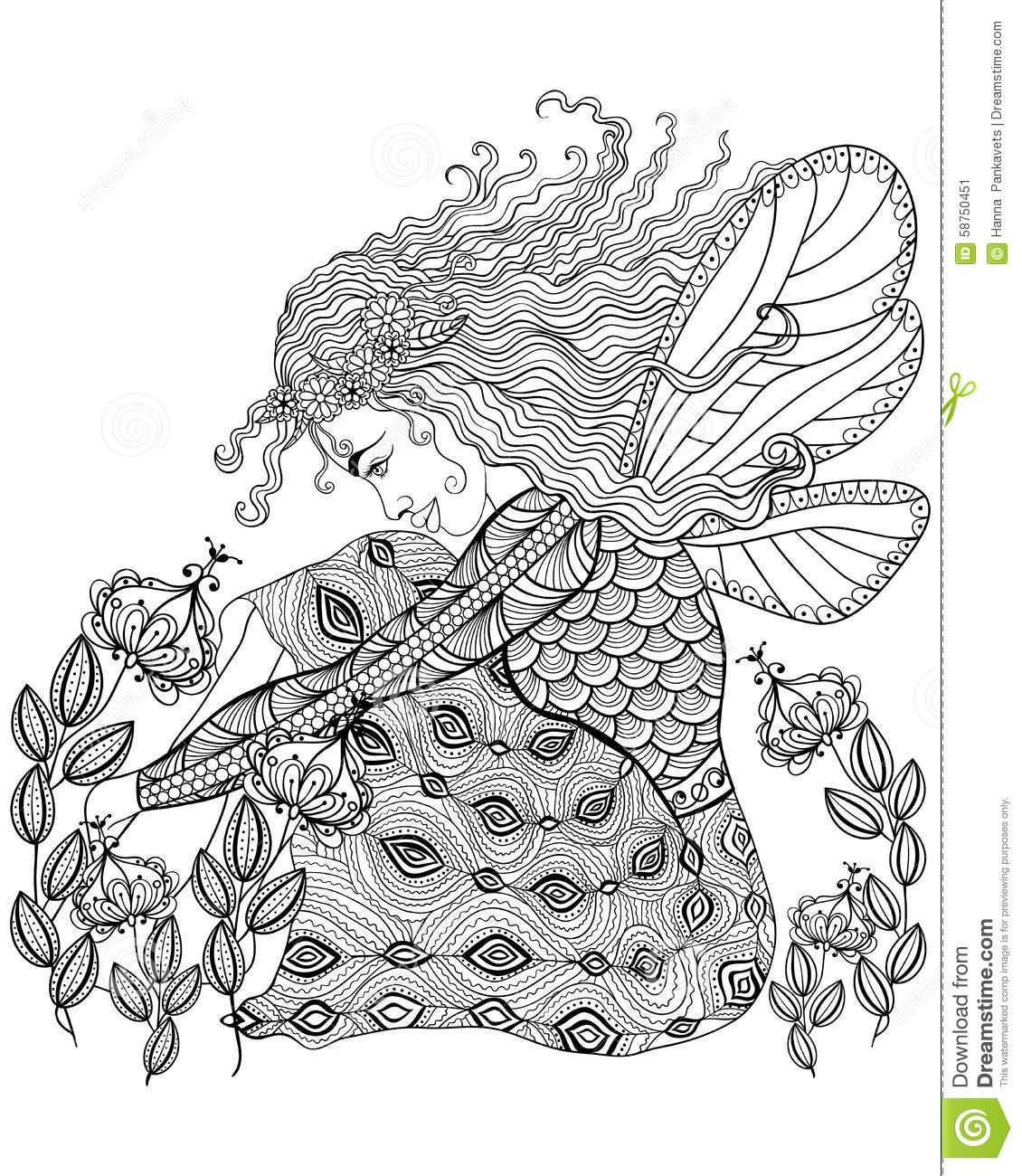 Anti Anxiety Coloring Book
 Forest Fairy With Wings In Flower For Adult Anti Stress