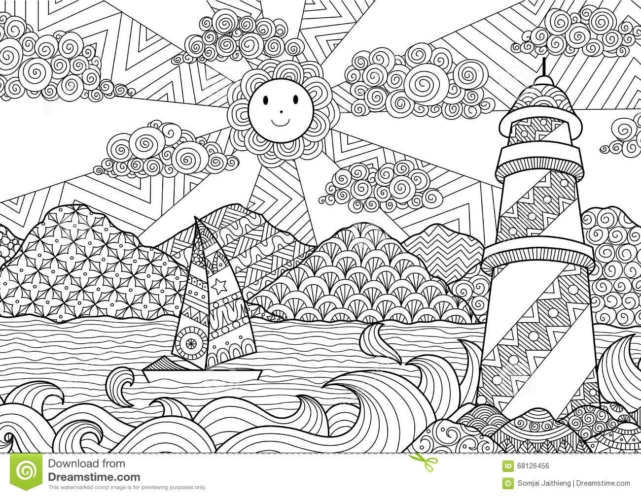 Anti Anxiety Coloring Book
 Seascape Line Art Design For Coloring Book For Adult Anti