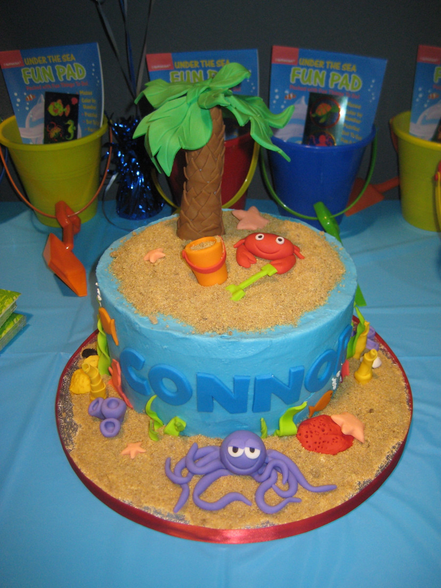 Beach Birthday Cake
 Beach Theme Cake with Fondant Palm Tree and Octopus