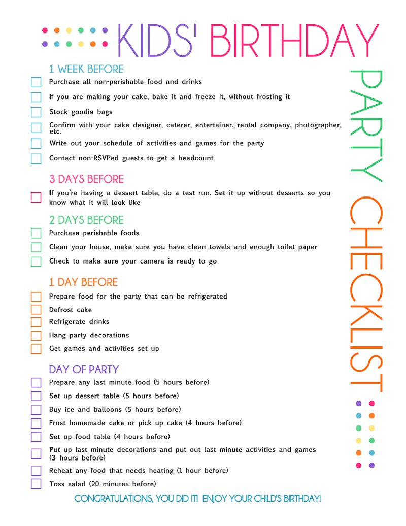 Birthday Party Checklist
 FREE Printable Kids Party Planning Checklist