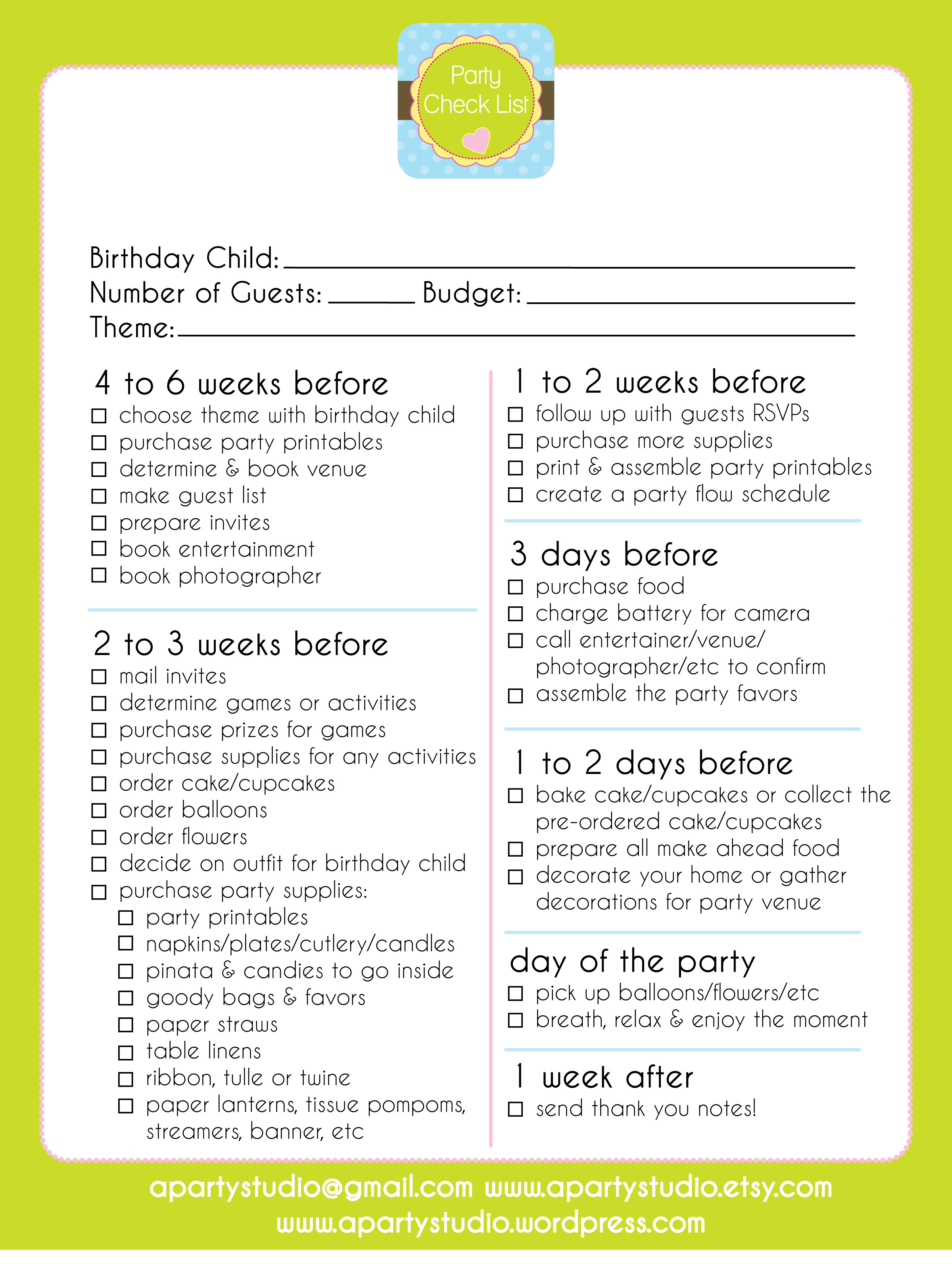 Birthday Party Checklist
 FREE Printable Party Checklist