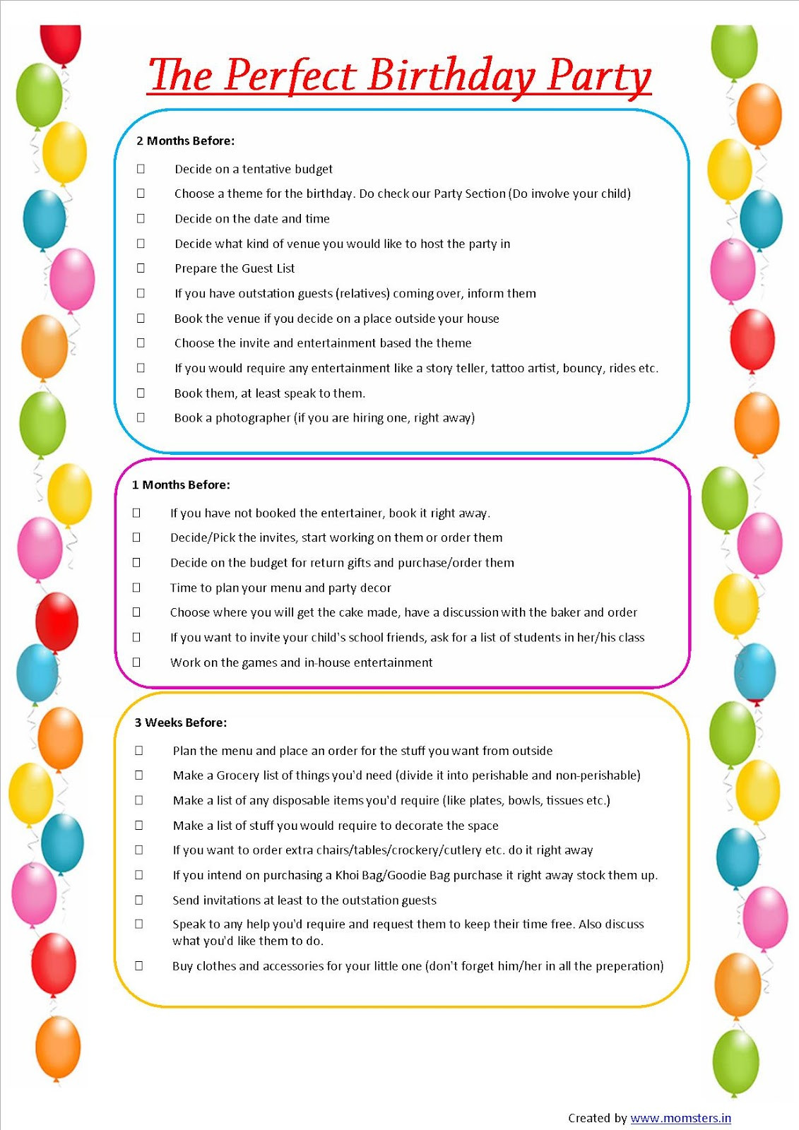 Birthday Party Checklist
 Momsters Parenting n All the Jazz Kids Birthday Checklist