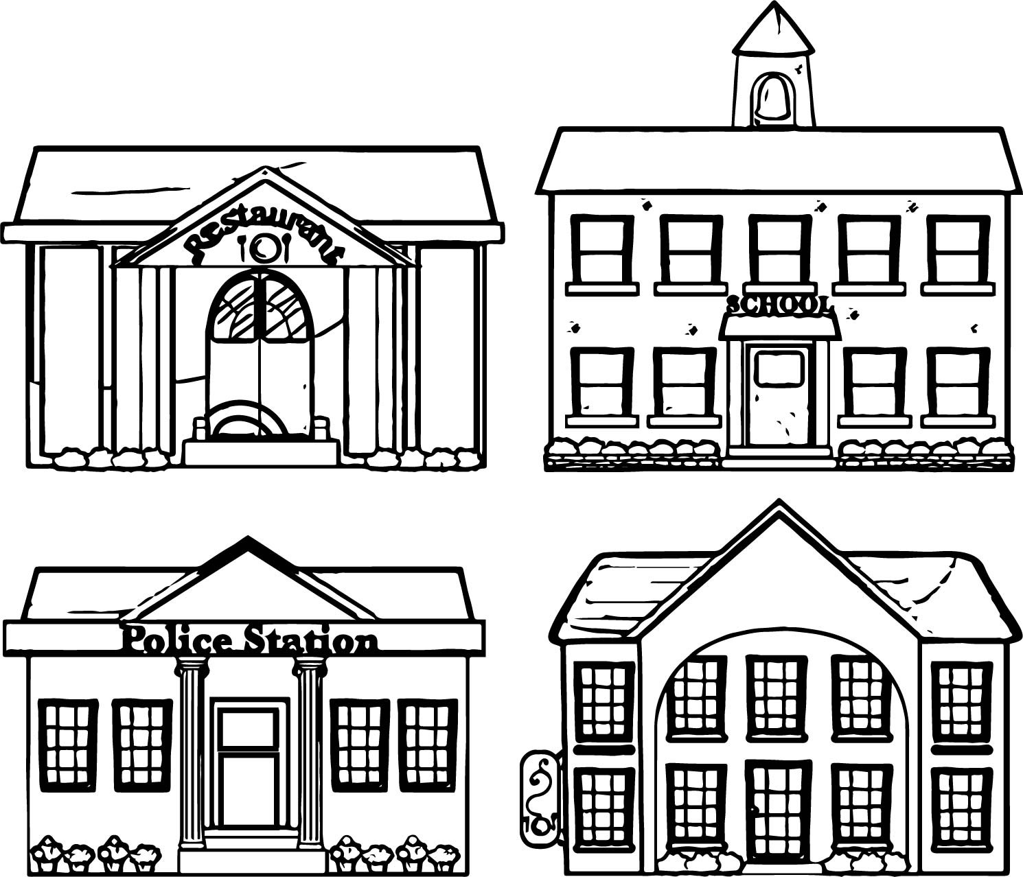 Building Coloring Pages
 Restaurant School Police Building Coloring Page