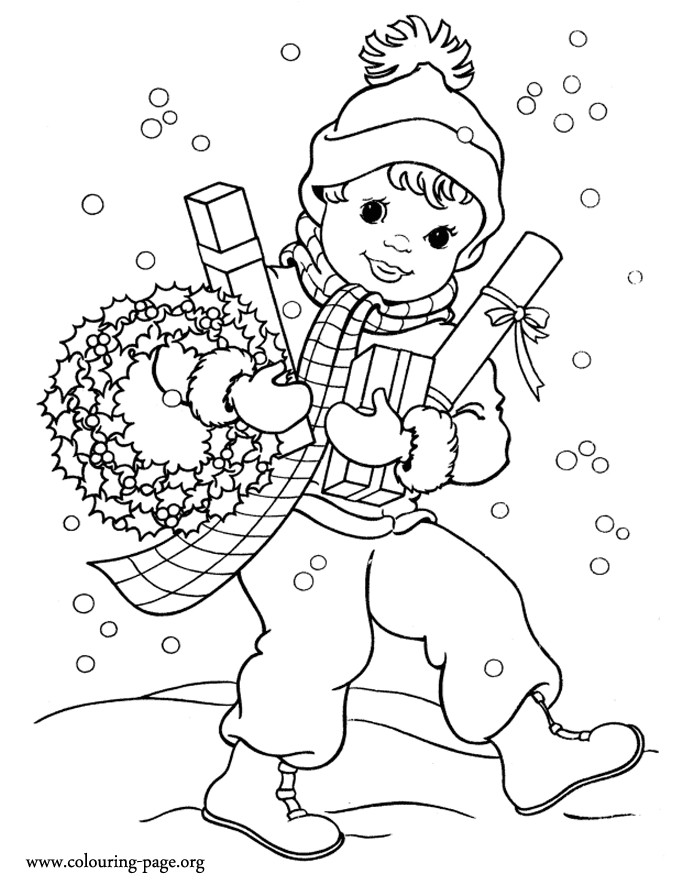 Christmas Coloring Pages For Boys
 Christmas Boy with some ts and a Christmas garland