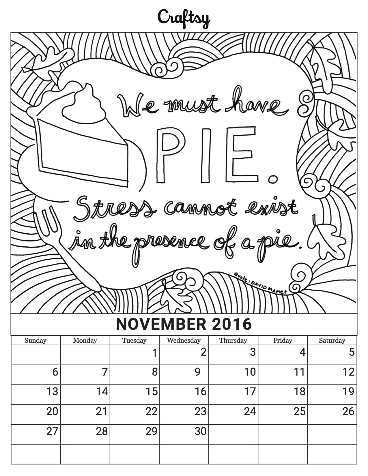 Coloring Book Calendars
 November 2016 Coloring Calendar Page from Craftsy