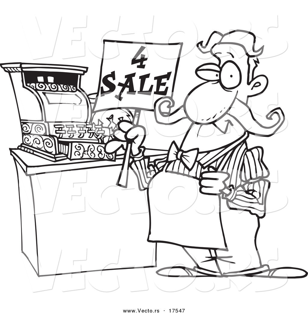 Coloring Book Sales
 Vector of a Cartoon Man Holding a for Sale Sign at His
