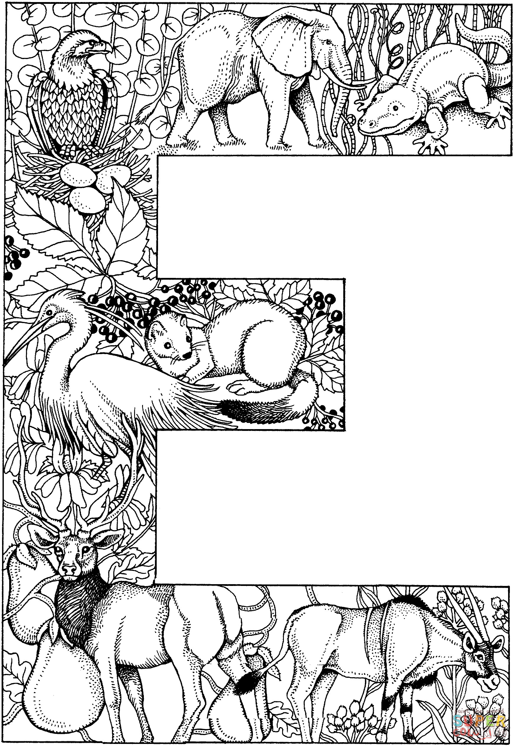 Coloring Pages For Teens Letter E
 Letter E with Animals coloring page