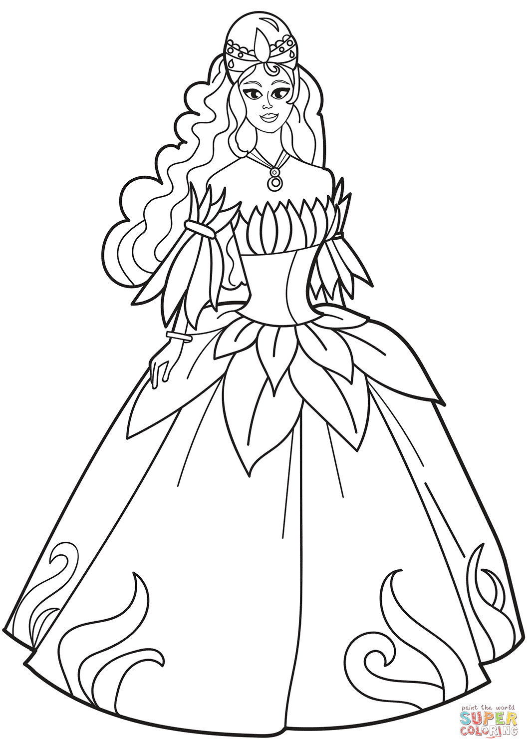 Coloring Sheets For Girls Princess Dresses
 Princess in Flower Dress coloring page