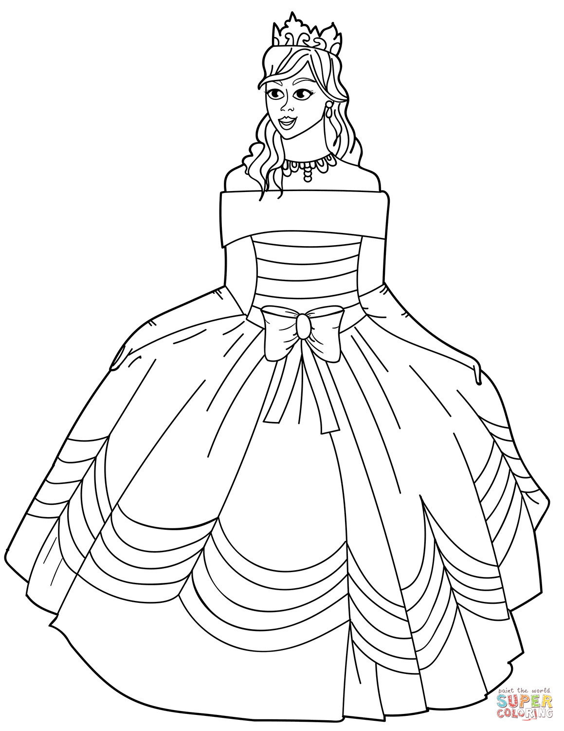 Coloring Sheets For Girls Princess Dresses
 Princess in Ball Gown f the Shoulder Dress coloring page