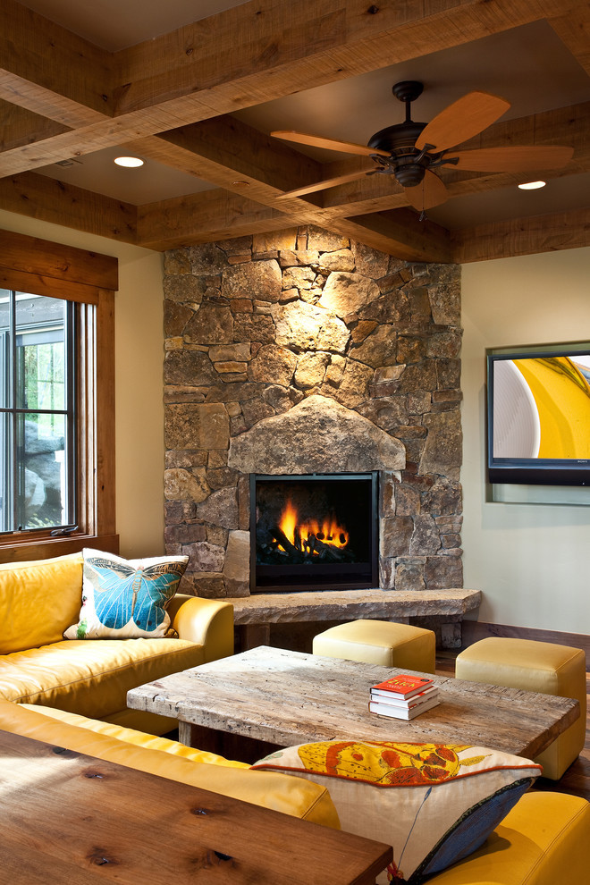 Best ideas about Corner Fireplace Ideas
. Save or Pin stone corner fireplace Family Room Rustic with ceiling fan Now.