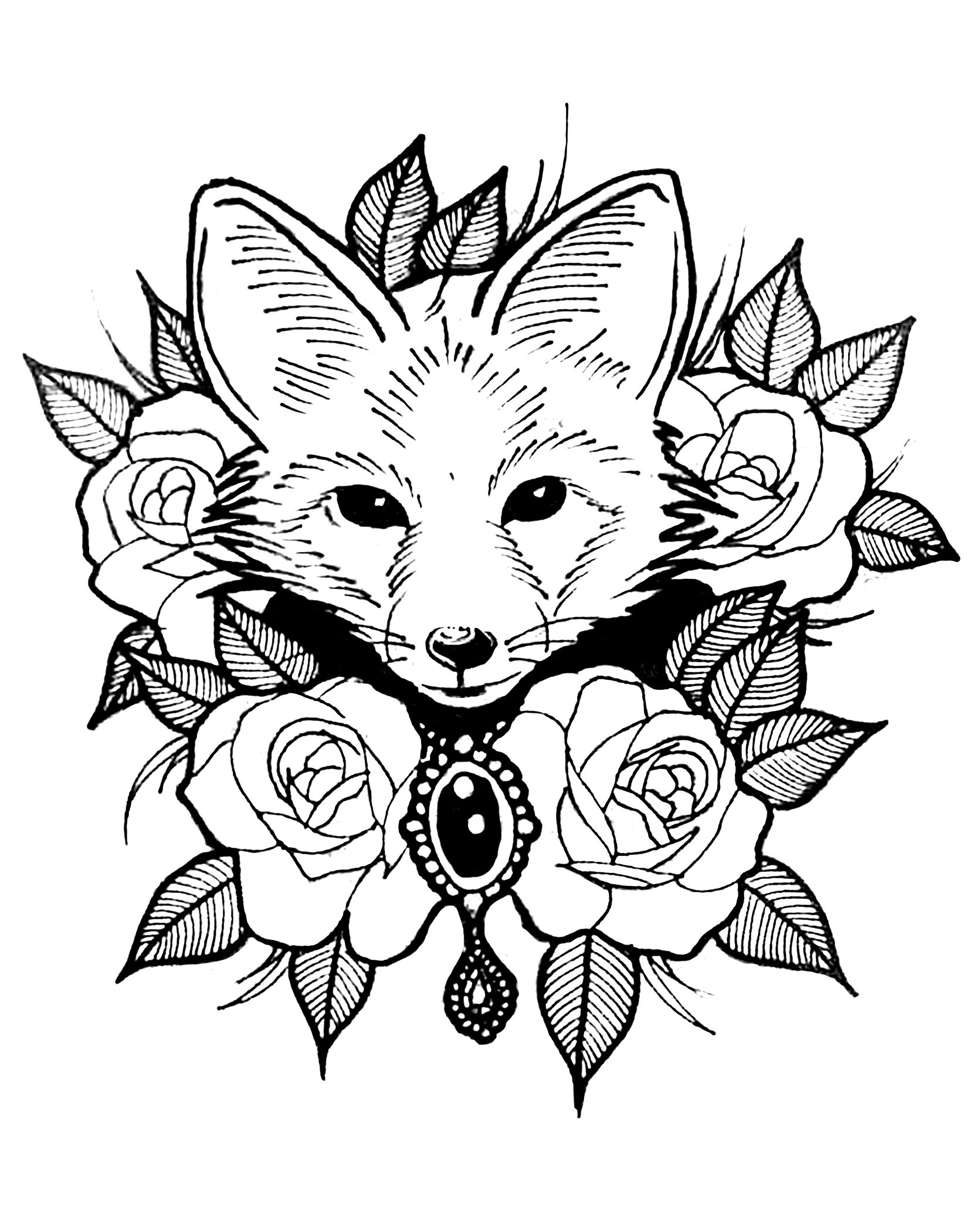 Cute Adult Coloring Pages
 Cute fox with roses Foxes Adult Coloring Pages