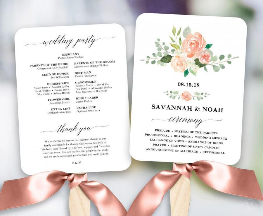 DIY Wedding Programs Fans Template
 Peach Blush Floral Wedding Program Fan Template Printable