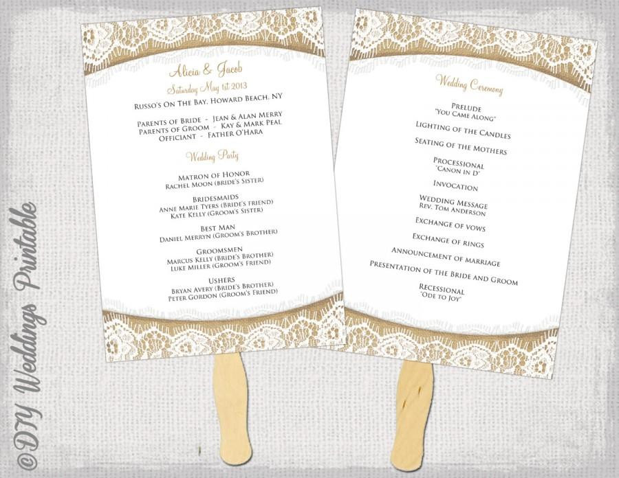 DIY Wedding Programs Fans Template
 Wedding Program Fan Template Rustic "Burlap & Lace" DIY