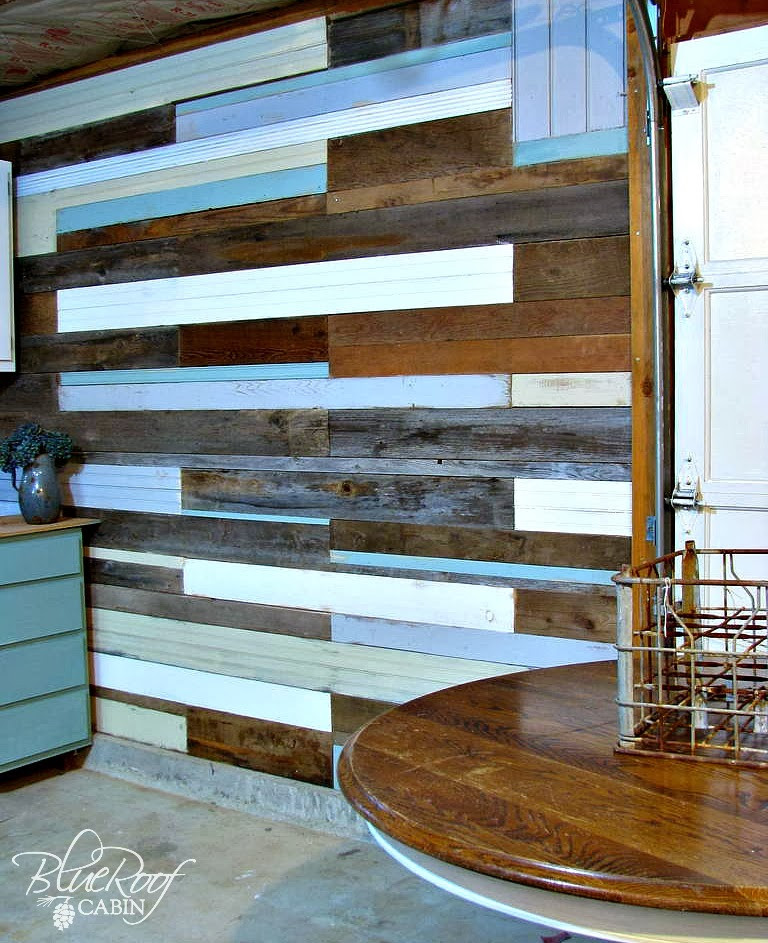 DIY Wood Paneling Wall
 blue roof cabin DIY Plank Wall