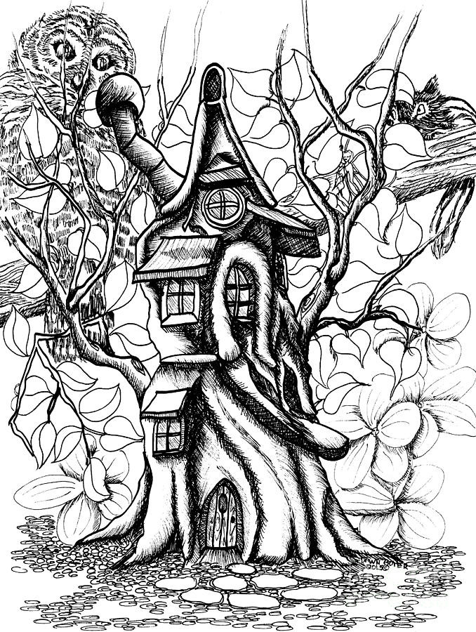 Fairy Tree House Coloring Pages
 Fairy Treehouse Owl And Chipmunk Drawing by Dawn Boyer