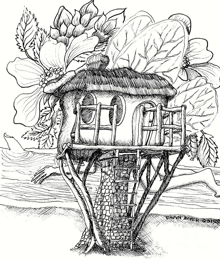 Fairy Tree House Coloring Pages
 Teeny Tiny Fairy Treehouse Drawing by Dawn Boyer