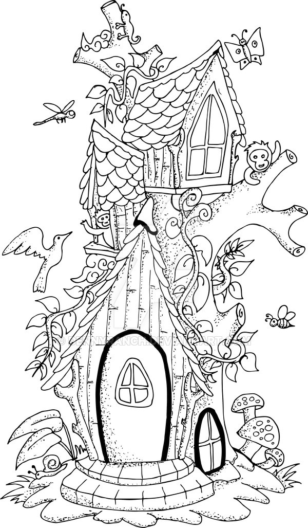 Fairy Tree House Coloring Pages
 illustration of a fairy tree house hand drawn by