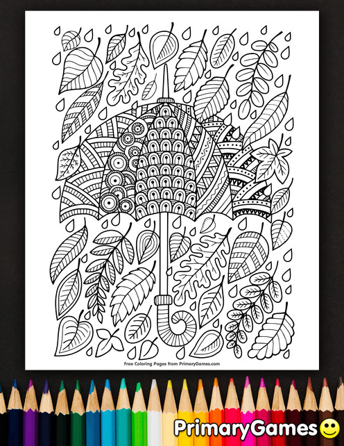 Fall Coloring Pages Pdf
 Umbrella and Leaves Coloring Page