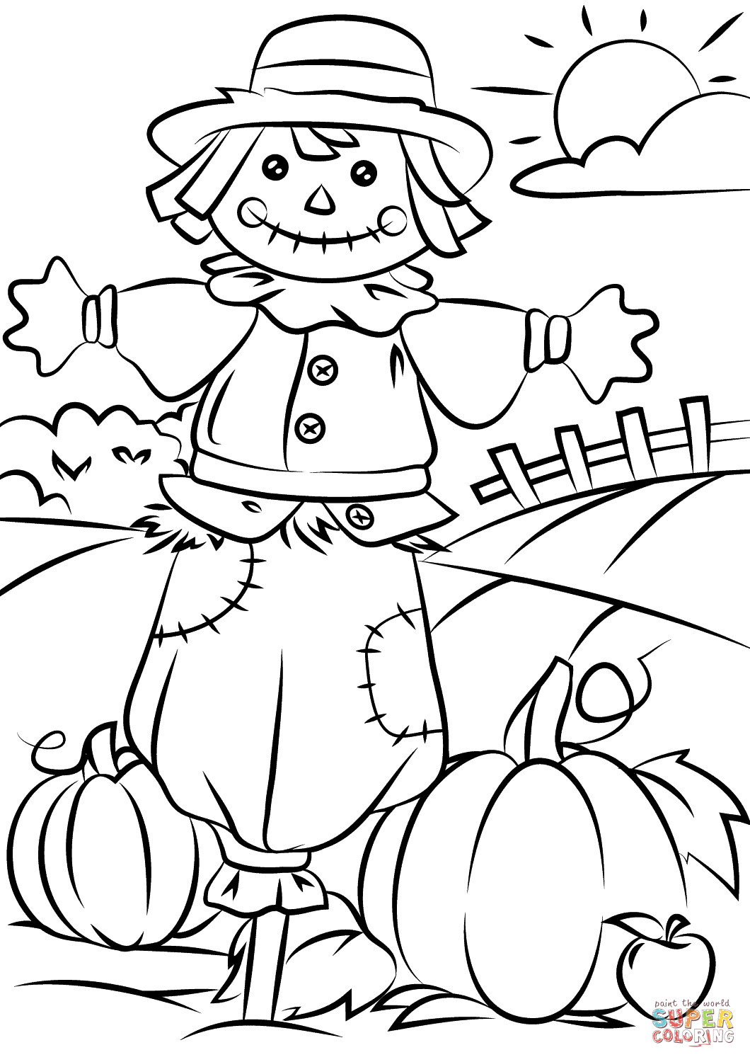 Fall Coloring Sheets For Kids
 Autumn Scene with Scarecrow coloring page