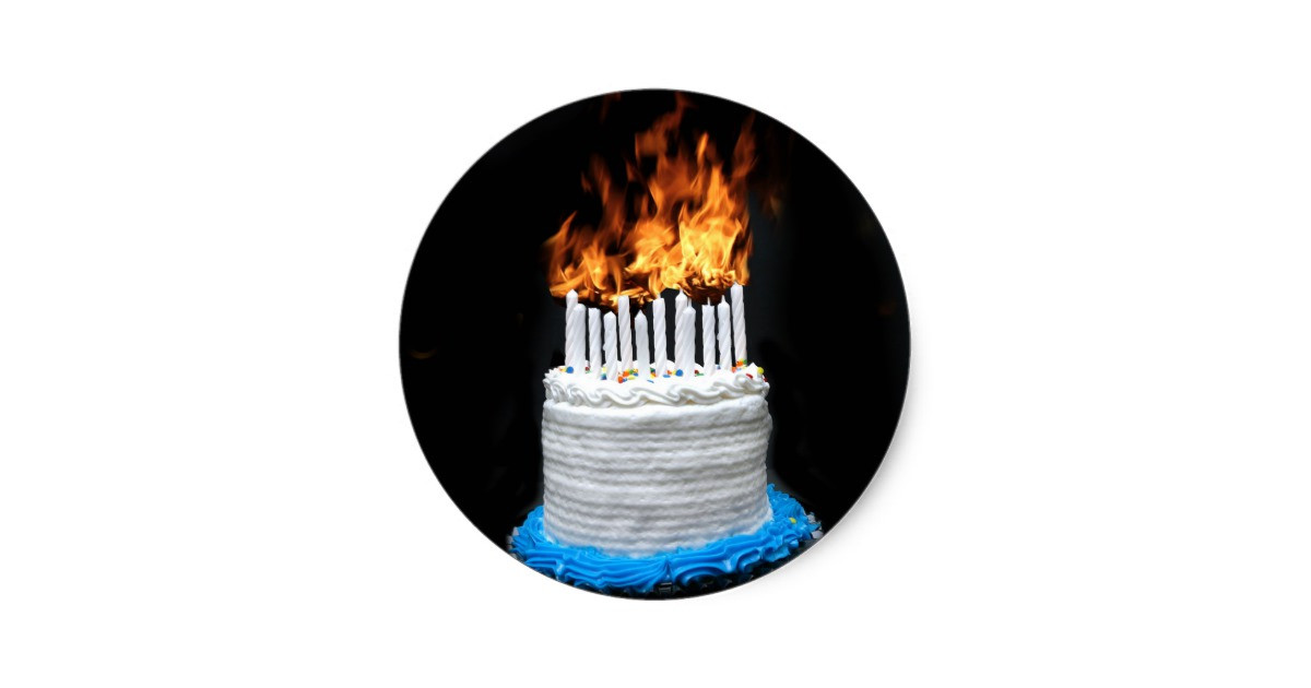 Flaming Birthday Cake
 Flaming Birthday Cake Classic Round Sticker