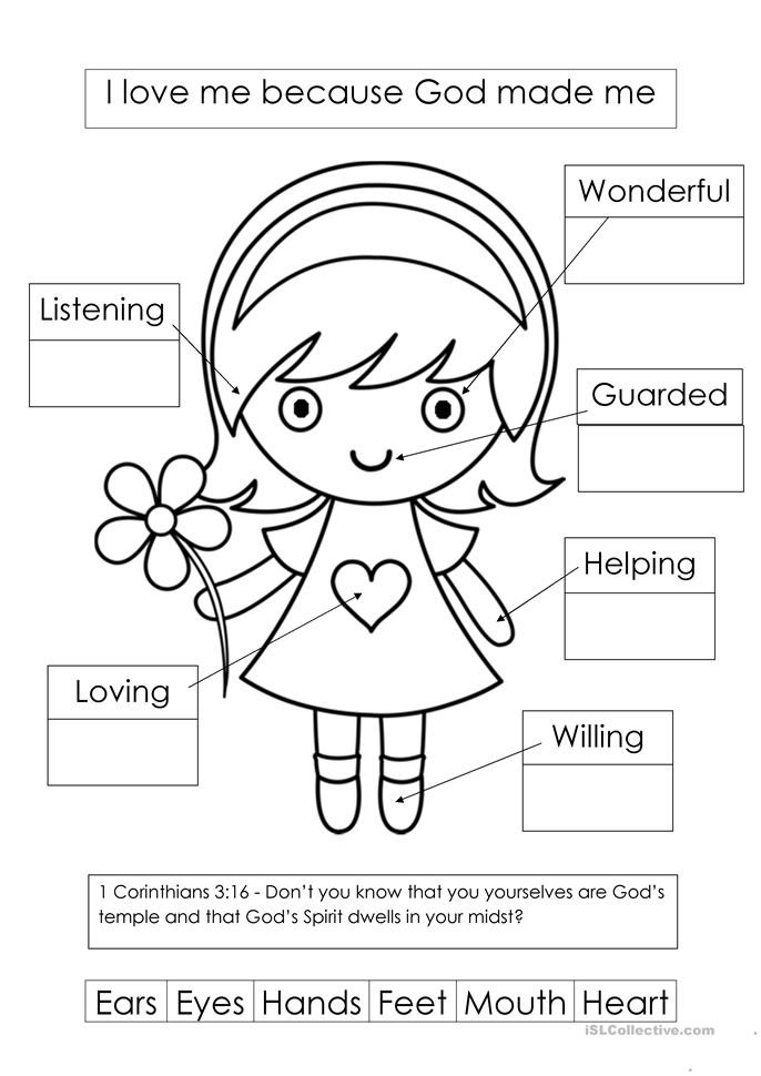 Free Bible Preschool Coloring Sheets And Activity Sheets
 God made me worksheet Free ESL printable worksheets made