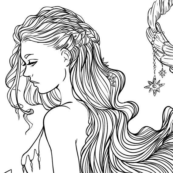 Free Coloring Pages For Teens Of Two Hawaiian Girls
 Adult Coloring Page Fantasy Moon and Stars Girl Line Art