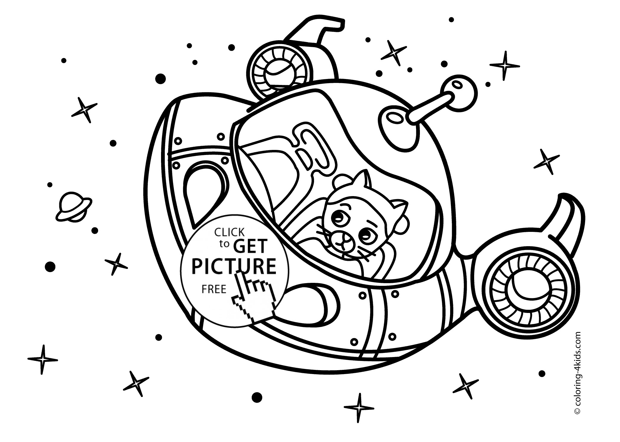 Free Coloring Sheets Space Ship
 Space craft Rocket coloring pages for kids with cat