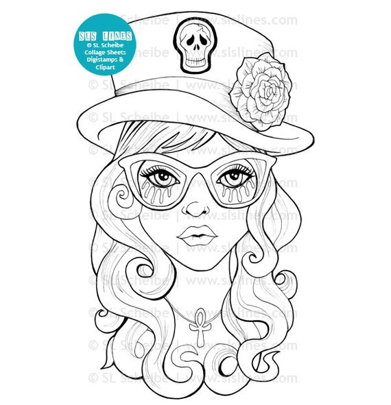 Goth Coloring Book
 Goth girl digital stamp with top hat cute goth digistamp