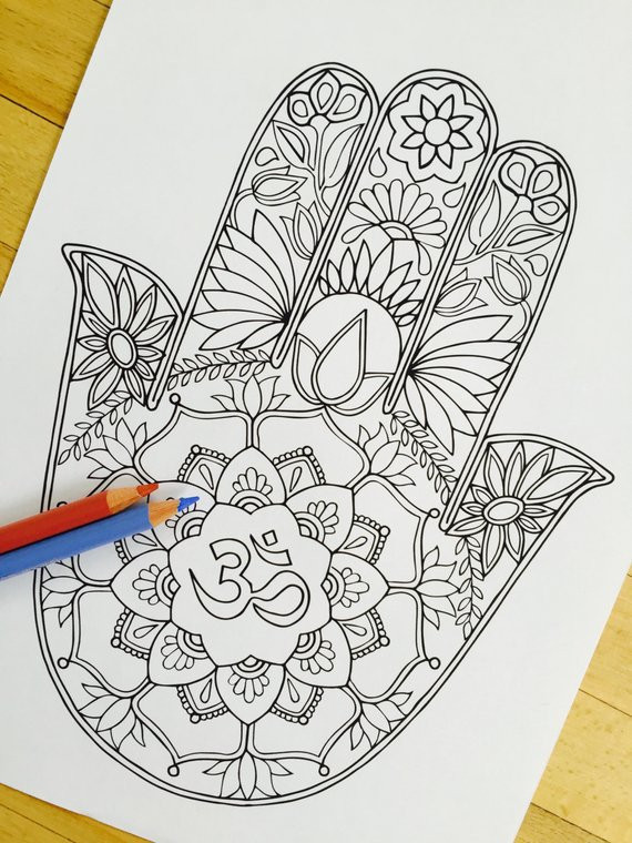 Hand Drawn Coloring Pages
 Hamsa Om Hand Drawn Adult Coloring Page Print