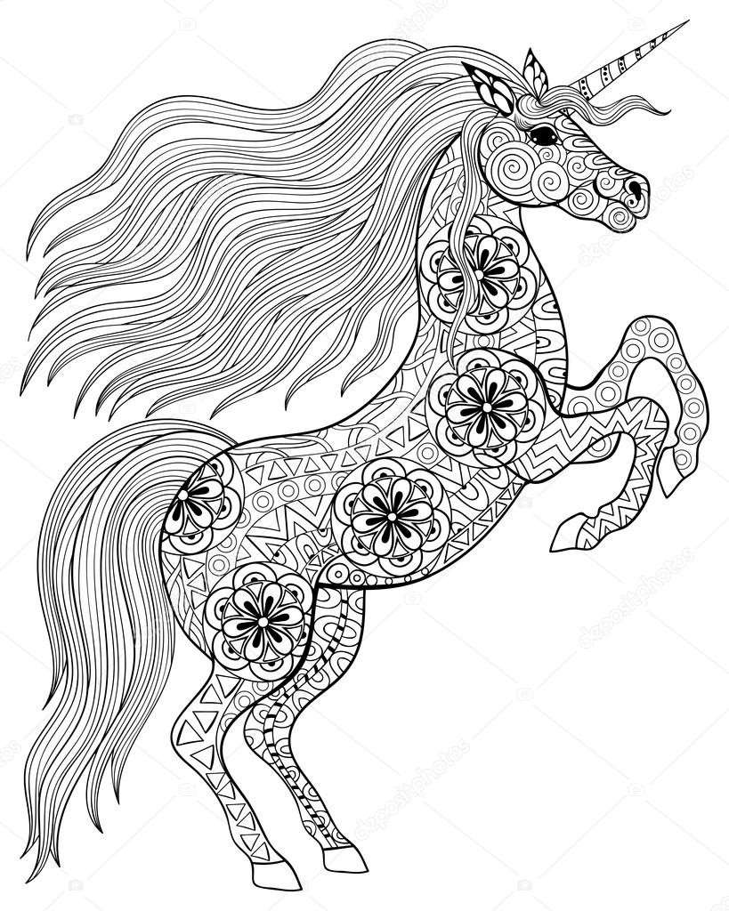 Hand Drawn Coloring Pages
 Hand drawn magic Unicorn for adult anti stress Coloring