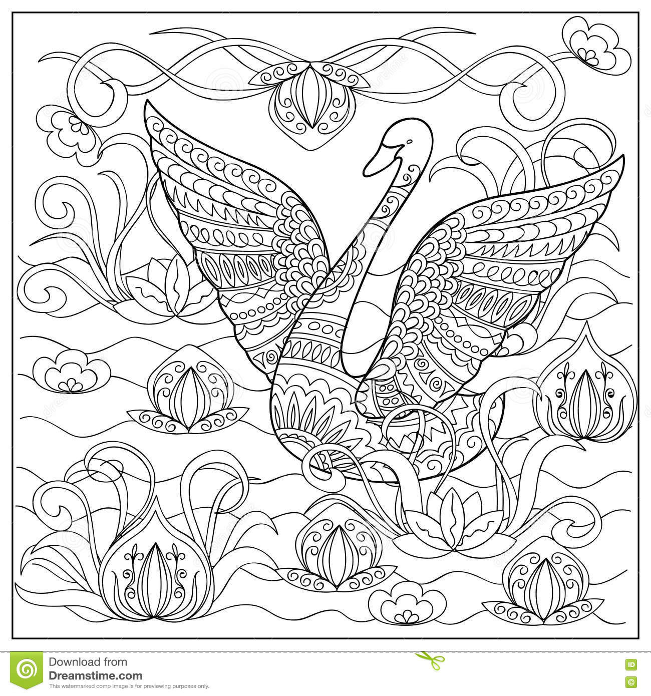 Hand Drawn Coloring Pages
 Swan In The Lake Stock Vector Image