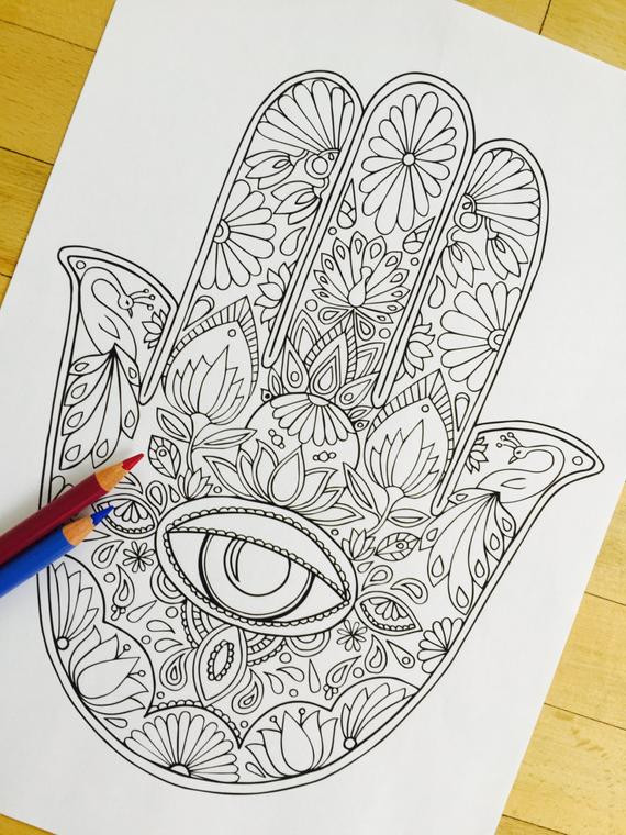 Hand Drawn Coloring Pages
 Hamsa Eye Hand Drawn Adult Coloring Page Print