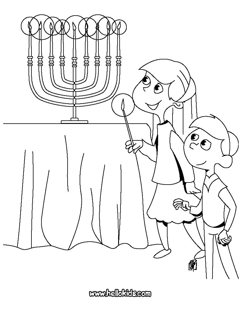 Hanukkah Coloring Pages Printable
 Kids lighting the menorah coloring pages Hellokids
