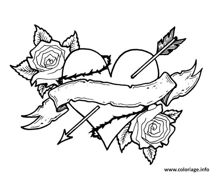 Heart With Roses Coloring Pages For Teens
 Coloriage Coeur Fleur Rose Fleche Vintage dessin