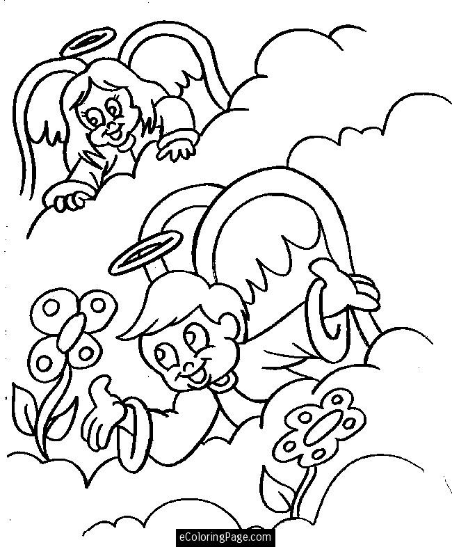 Heaven Coloring Sheets For Kids
 Angels Boy And Girl In Heaven With Flowers Coloring Page