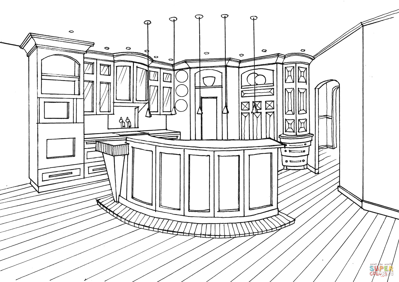 Kitchen Coloring Pages
 Kitchen with Bar Counter coloring page