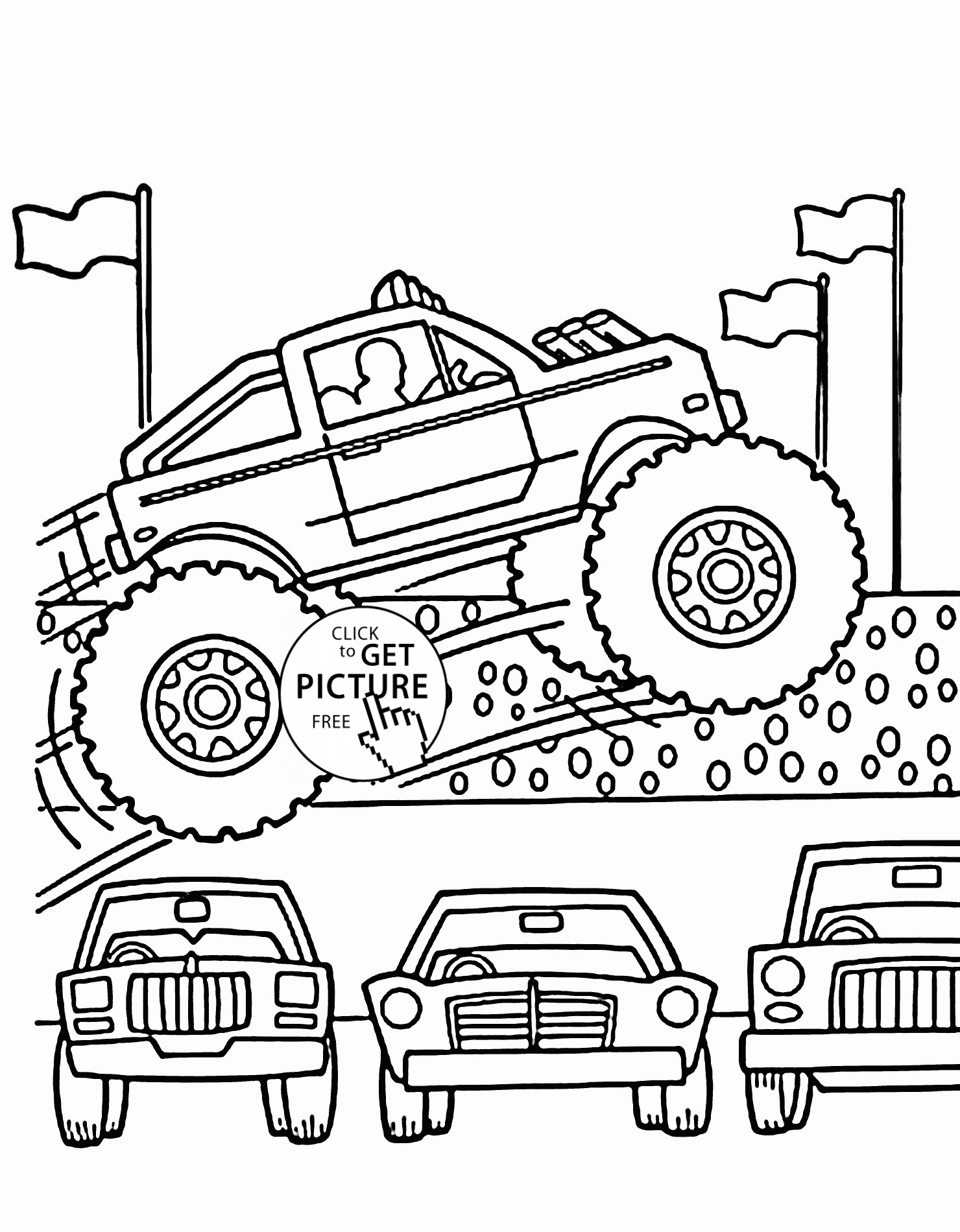 Monster Truck Coloring Pages
 Monster Truck Jumps over Cars coloring page for kids