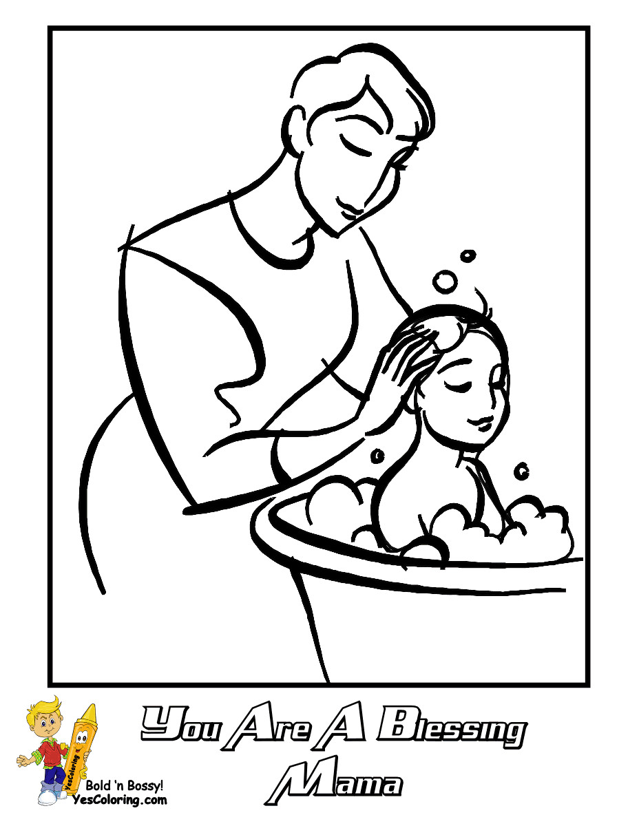 Mothers Day Coloring Sheets For Boys
 Mothers Day Coloring Page of Mama Bathing Baby Son "You