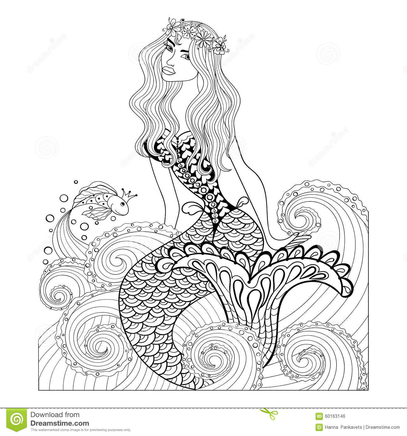 Ocean Waves Coloring Pages For Adults
 Fantastic Mermaid In Sea Waves With A Goldfish And Wreath